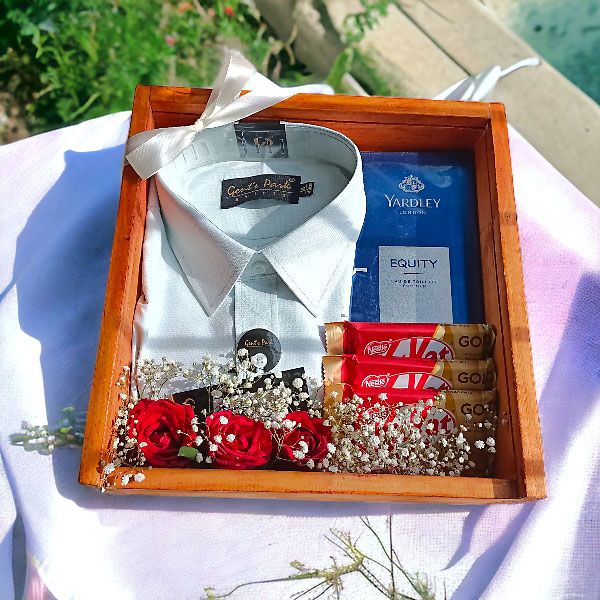 Men's Gift Hamper With Perfume, Chocolates, Roses & Shirt ( 16/40 cm