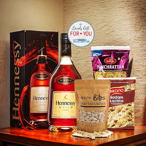 Hennessy Whisky with Dry Nuts, Namkeens | Gifts to Nepal | Giftmandu