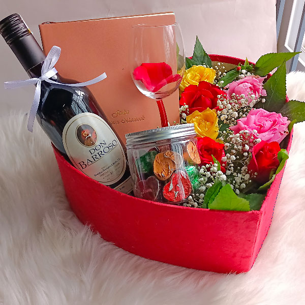 Luxury Roses With Red Wine, Diary & Chocolates in Heart Box Gifts to
