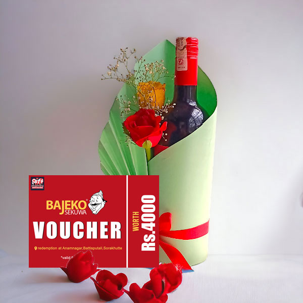 Perfect Rose Arrangement & Fine Wine with Bajeko Sekuwa Food Voucher
