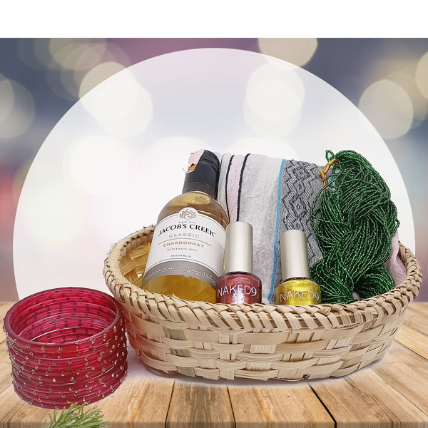 Wine With Chura, Pote, Shawl & Nail Polish Gift Basket Online Gifts