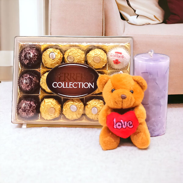 Teddy Bear, Ferrero Chocolates & Candle Gift Set | Gifts to Nepal ...
