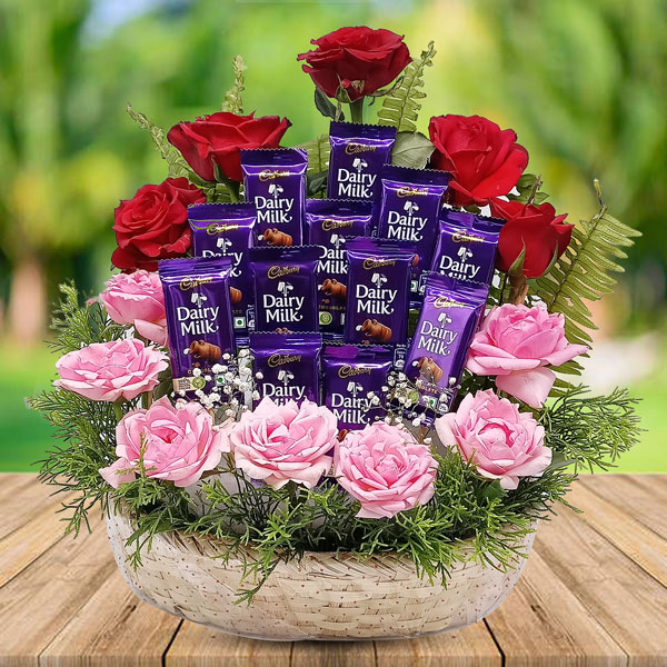 Stunning Red And Pink Roses With Chocolate Basket Price Gifts to Nepal Giftmandu