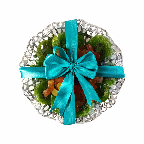 Dry Fruits in a Round Silver Coated Basket Giftmandu Gifts to Nepal