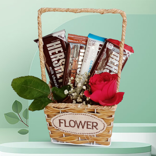 Hershey Chocolates With Rose In A Basket Gifts to Nepal Giftmandu