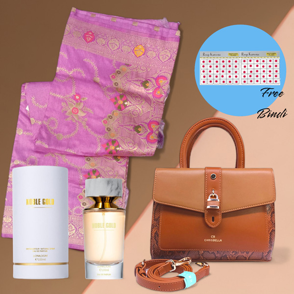 Luxury Saree, Bag Gift Set with Perfume and Complimentary Bindi